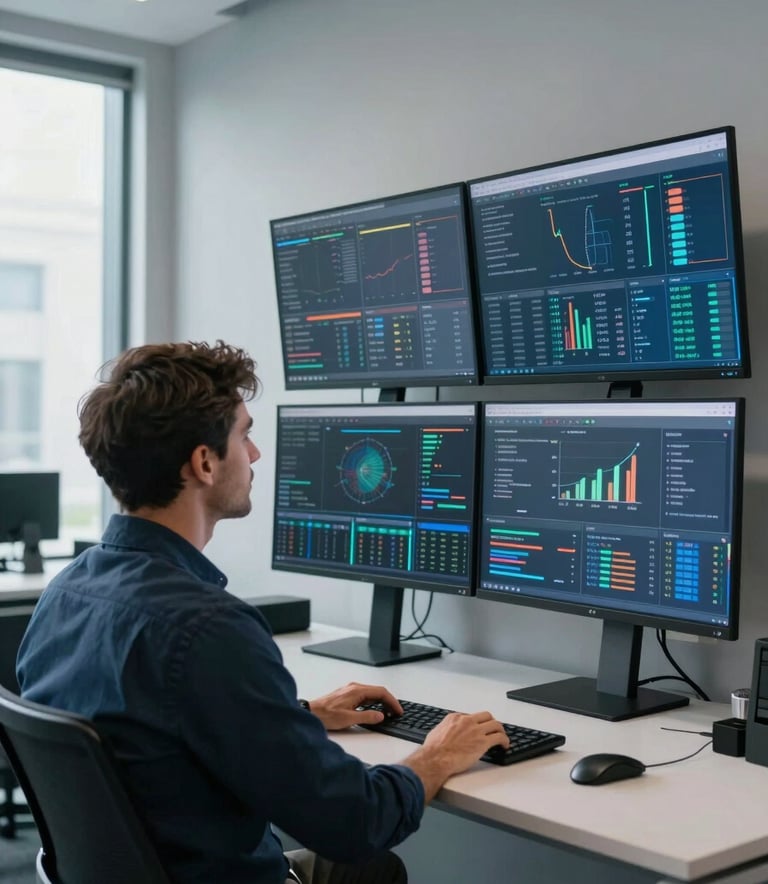 An over-the-shoulder shot of a professional in a modern North American office, looking at a wall of high-resolution monitors displaying complex data. The room is sleek and filled with natural light, featuring light gray walls and dark blue accents. The style is sophisticated and modern.