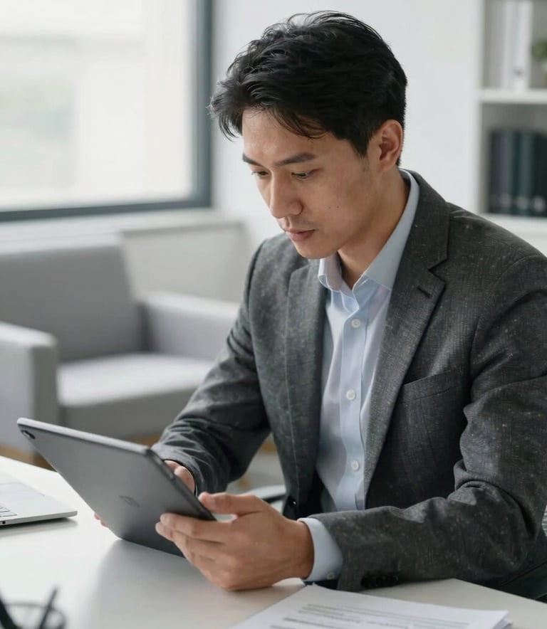 A focused IT consultant in professional attire, sitting in a bright North American office, reviewing data on a tablet. Clean composition with natural light and hints of light gray furniture.