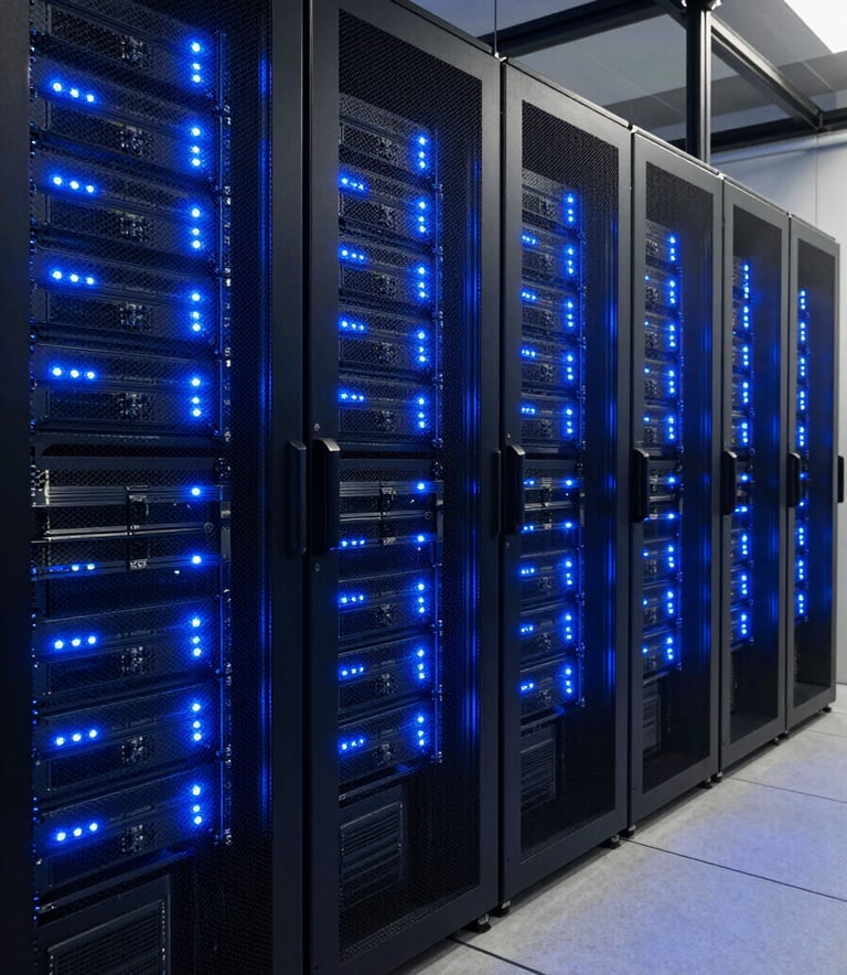 Rows of high-tech server racks in a secure data center, glowing with deep blue and royal blue LED status lights, wide angle perspective, North American / US infrastructure.