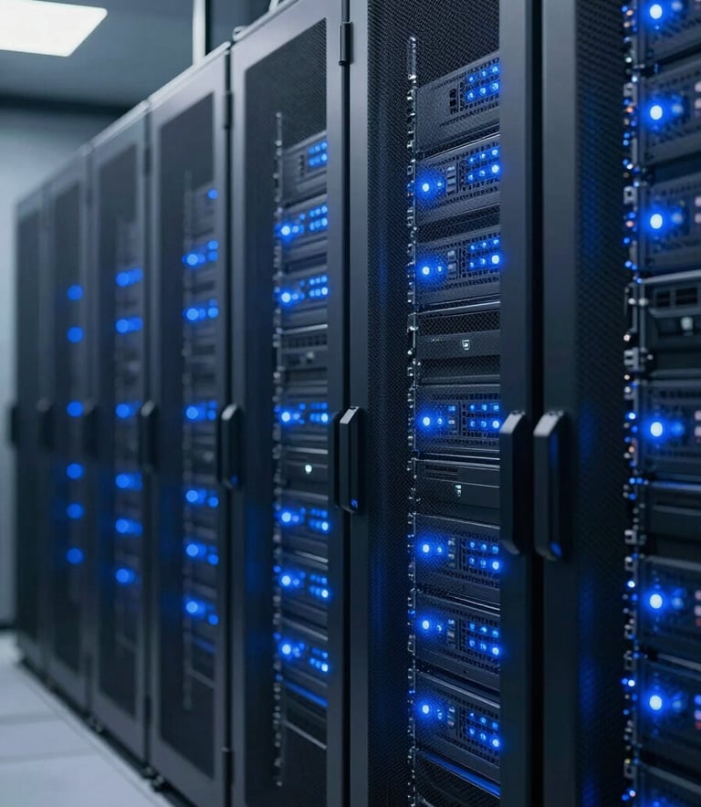 A high-end, cinematic shot of a modern North American data center. Rows of server racks with blinking blue LED lights disappear into a shallow depth of field. The atmosphere is cool and professional, featuring dark navy and silver metallic tones, symbolizing cutting-edge infrastructure and security.