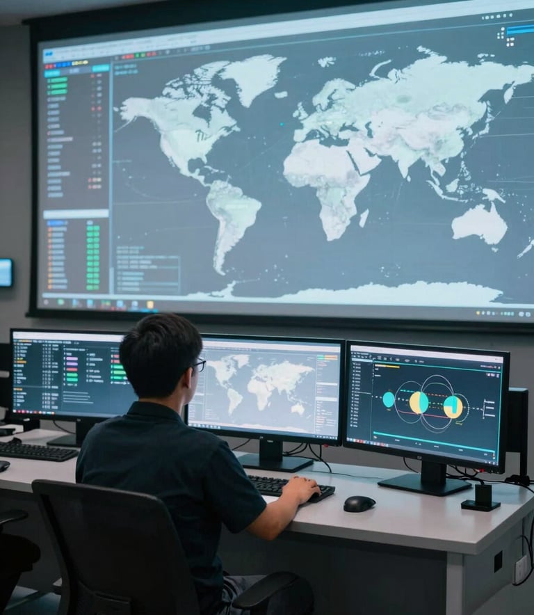 Wide shot of a modern, high-tech control center. A professional analyst sits before multiple glowing monitors showing global maps and data streams in pale mist and dusty sky blue colors. The atmosphere is quiet, secure, and highly efficient.