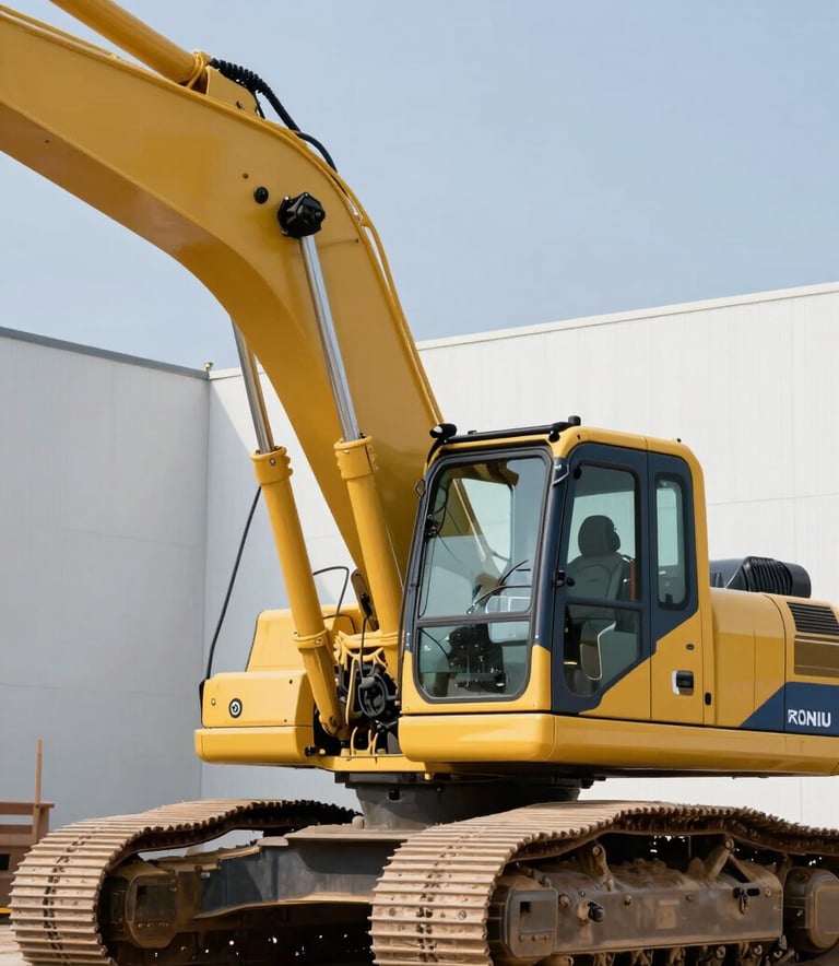 A close-up photograph of a heavy yellow excavator on a construction site, shot in the bright daylight, with a clean and modern industrial feel, featuring accents of dark slate blue and mist white in the environment.