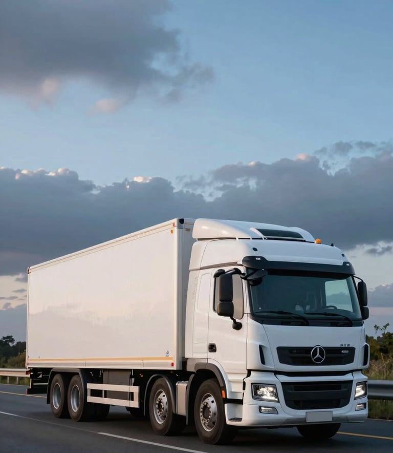 A sleek white logistics truck parked on a modern highway at dawn, the sky is a mix of light sky blue and dark slate blue, emphasizing reliability and efficiency.