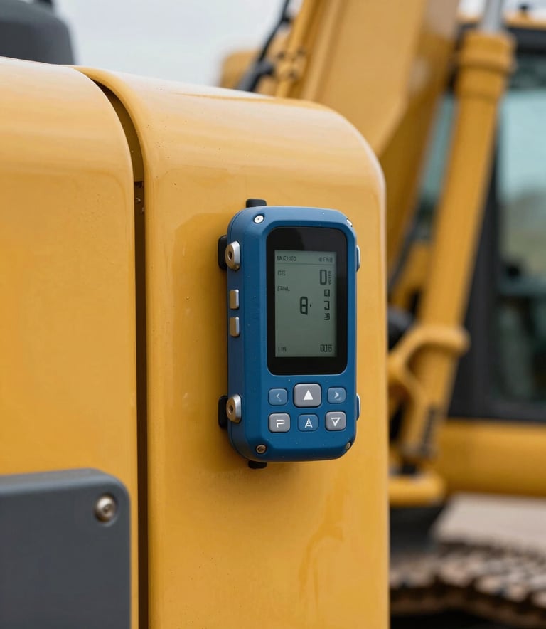 Close-up photography of a rugged GPS tracking device mounted on the side of a heavy-duty yellow construction excavator. The lighting is crisp, highlighting the industrial textures of the machine and the muted petrol blue accents of the technology.