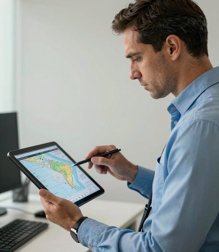 A professional security consultant in a high-end office reviewing a strategic digital map on a tablet, focused on technical details, South American / Brazilian setting, lighting in muted blue and off-white tones, professional atmosphere.