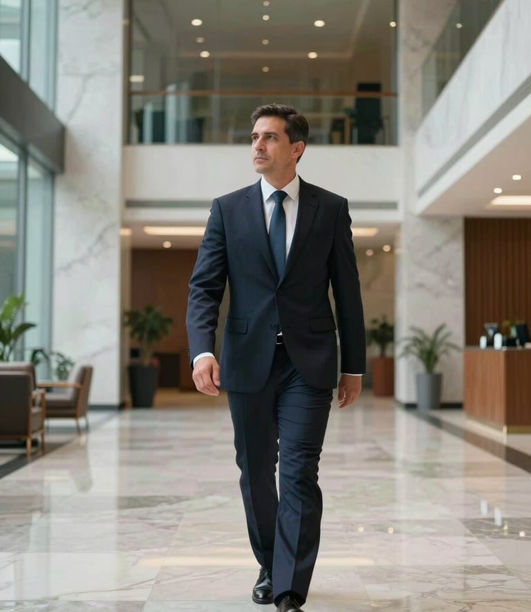 Wide-angle photography of a South American / Brazilian corporate lobby, high-end atmosphere with marble and glass, a professional security consultant in a tailored dark navy suit walking calmly, strategic foresight mood.