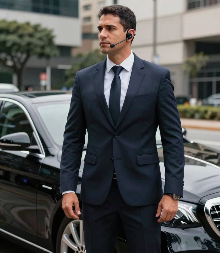Medium shot of a security specialist in a dark navy suit with a discreet communication earpiece, standing beside a luxury black sedan in a modern urban district of São Paulo, South American / Brazilian professional setting, professional lighting, authoritative mood.
