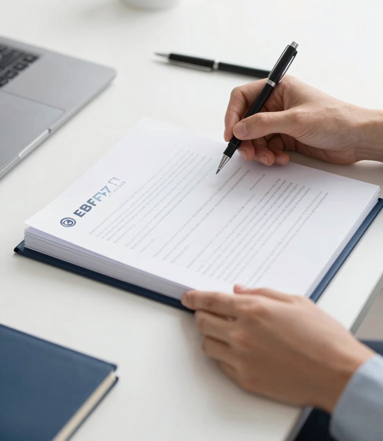 Close up of professional hands organizing documents and a planner on a clean white desk, minimalist corporate style, bright and efficient atmosphere, brand colors #1F2A38 and #EBF2F7 incorporated in the stationery.