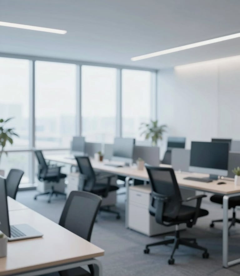 A wide shot of a clean, minimalist modern office interior with large windows and ergonomic furniture. The atmosphere is quiet, efficient, and professional. The color palette emphasizes #EBF2F7 and #3E5C76 for a sophisticated corporate look.