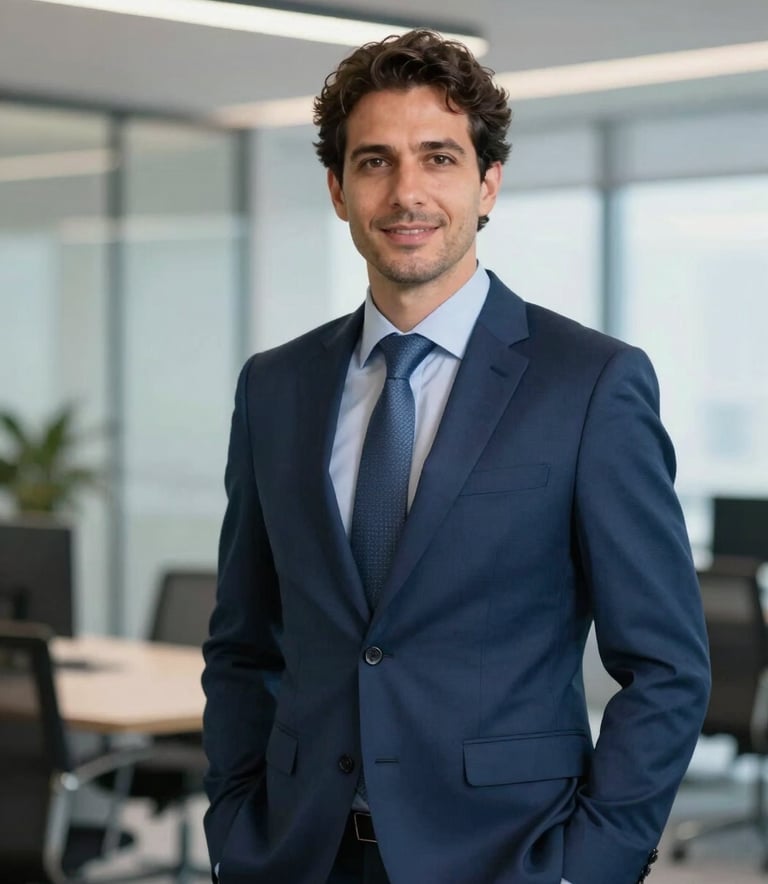 Portrait of a professional man in business attire representing Carlos Augusto Rosinelli, standing in a sleek modern office, conveying reliability and expertise, professional corporate lighting, colors #3E5C76 and #EBF2F7.