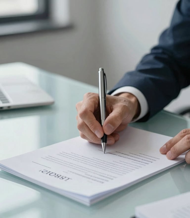 A close-up, high-detail photograph of a professional's hand signing a document with a sleek pen on a modern glass desk. The lighting is bright and corporate. The scene incorporates tones of #1F2A38 and #9FB8CC to reflect a modern, trustworthy business environment.
