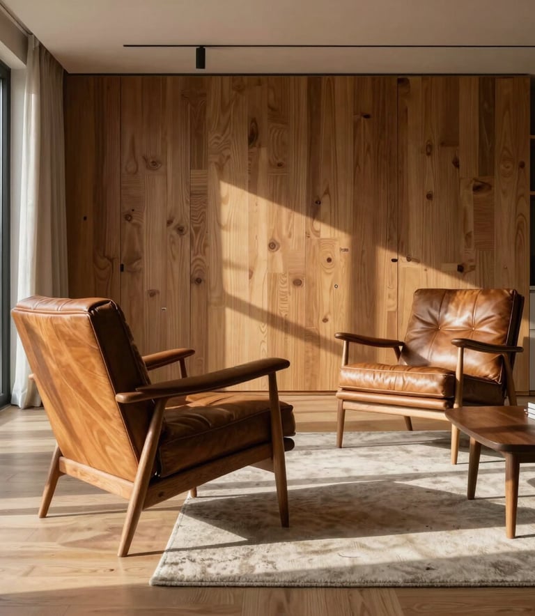 A high-end Japandi living room interior with warm oak wood, leather armchairs, and mid-century modern furniture, soft natural sunlight streaming in, North American setting.