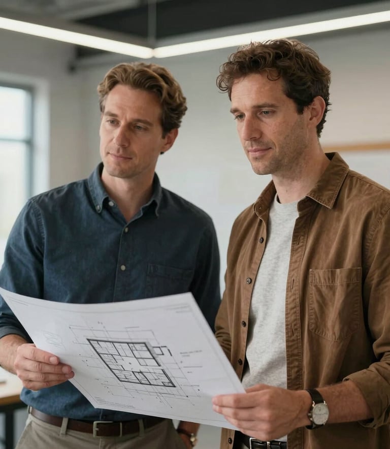 A professional portrait of two male experts in a modern architectural studio, one holding a technical building plan, dressed in professional casual attire, North American / US.