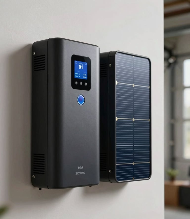 A technical close-up of a modern home energy management system with wall-mounted battery storage and sleek solar inverters in a clean garage setting, professional photography, North American / US.