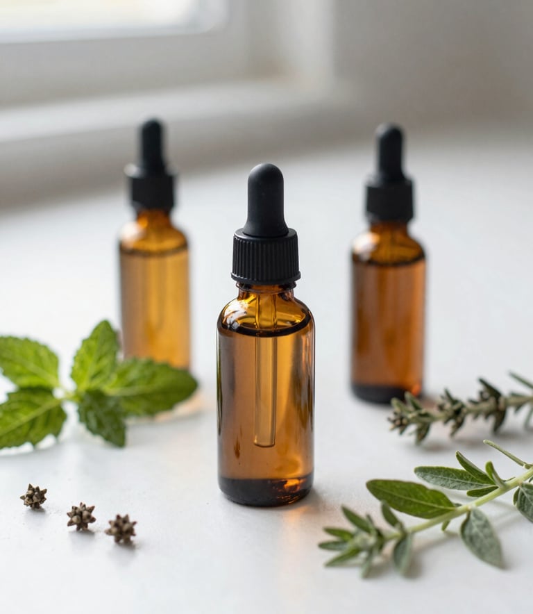 A close-up photograph of organic skincare botanical oils and fresh herbs on a clean white surface in a bright North American home setting, soft natural light, minimalist and clean composition.