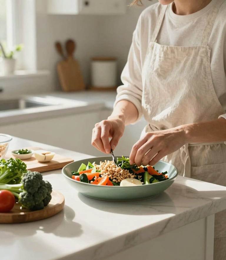 A bright, airy North American kitchen featuring a person happily preparing a vibrant, gluten-free meal with fresh vegetables. The scene is lit with natural morning sunlight, using a palette of off-white and pale sage to create a trustworthy and calm environment for healthy living.