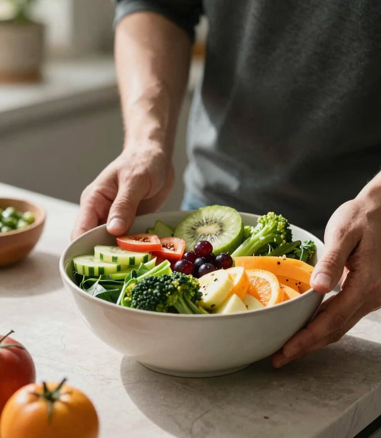 Photography of a person preparing a healthy bowl of fresh fruit and greens in a sun-drenched North American kitchen, medium shot, focusing on the vibrant colors and natural lifestyle.