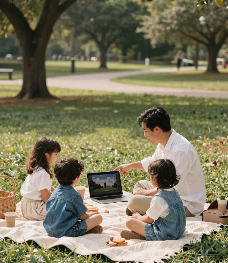 A wide-angle shot of a family picnic in a North American / US park where the father is showing a movie on a laptop to his children. The scene uses warm pearl white and muted denim blue in the clothing and accessories. Natural, bright lighting.