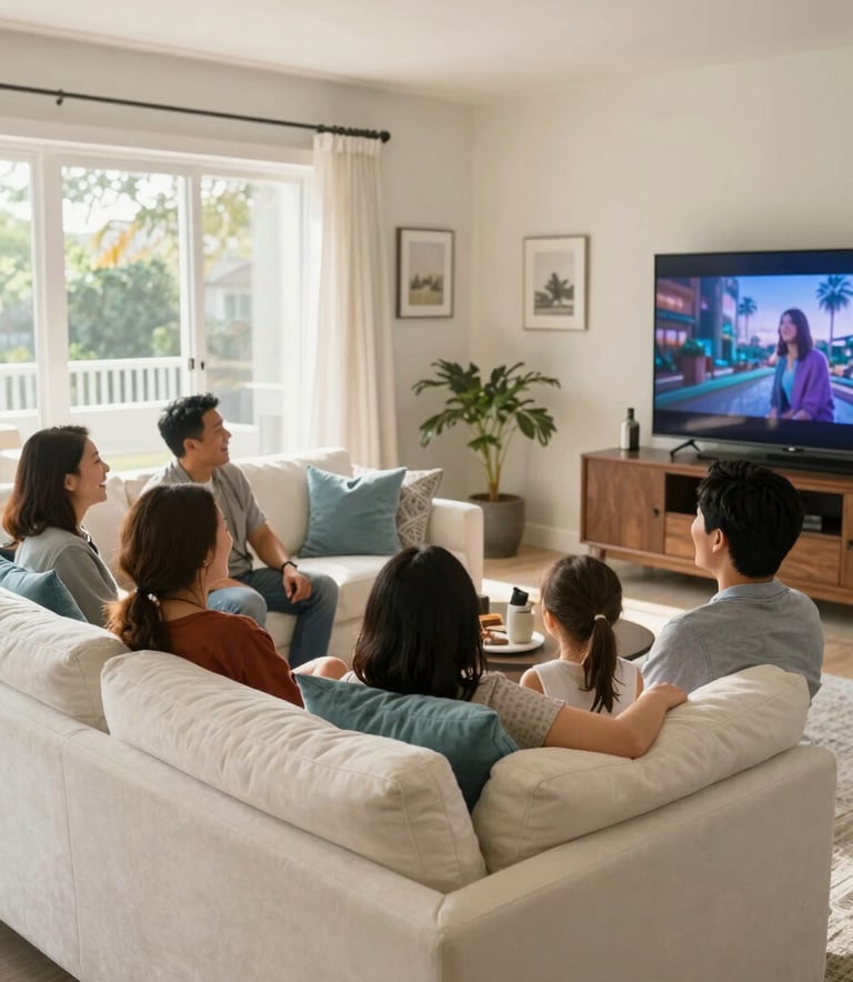 A happy, multi-generational family gathered on a large, soft off-white sectional sofa in a sunlit North American / US living room. They are laughing while watching a movie together on a large screen. The lighting is warm and wholesome, with decorative pillows in muted steel blue and light aqua.