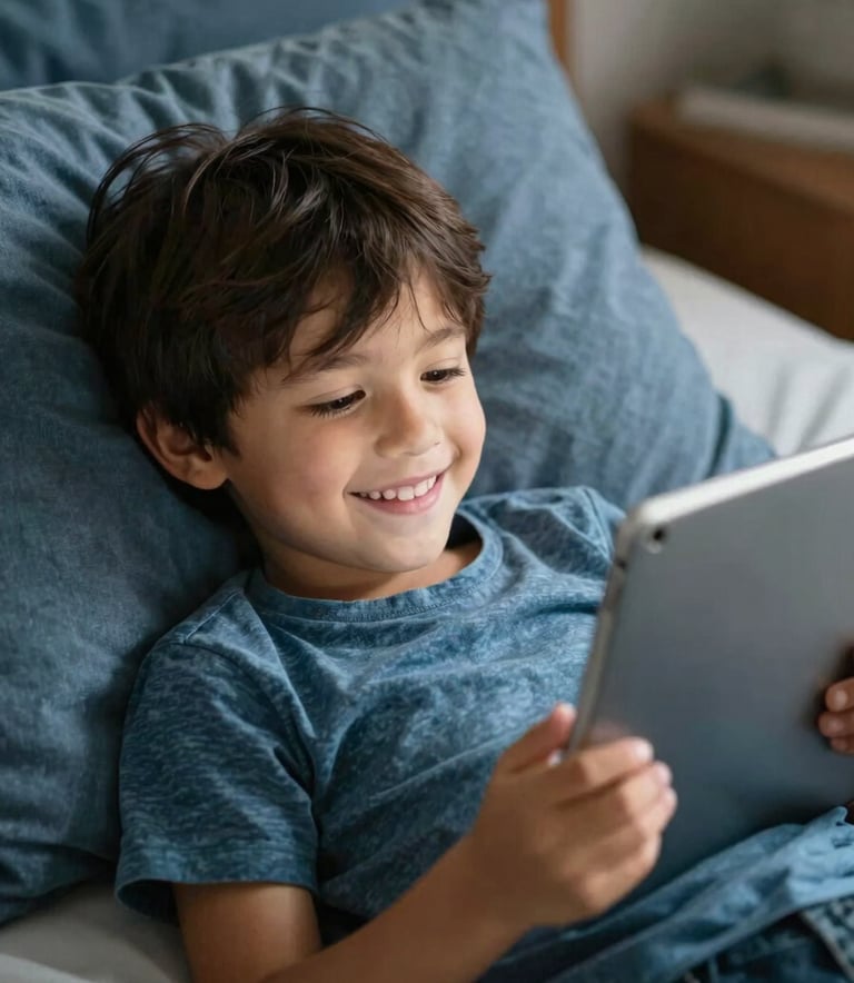 Close-up of a child smiling while holding a tablet in a cozy North American / US bedroom. The bedding features muted denim blue colors, and the lighting is soft and wholesome.