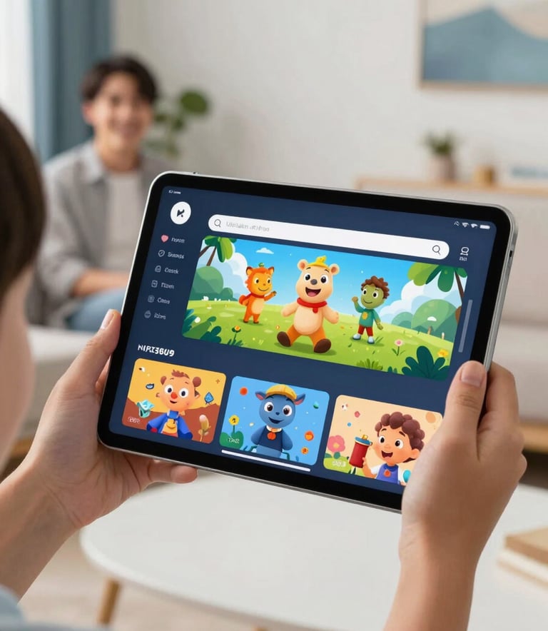 A close-up photograph of a bright, user-friendly streaming interface on a tablet held by a child's hands in a modern North American / US home. The screen shows colorful, wholesome animated characters. In the soft-focus background, a parent is seen smiling. The room features soft off-white walls and muted steel blue accents.