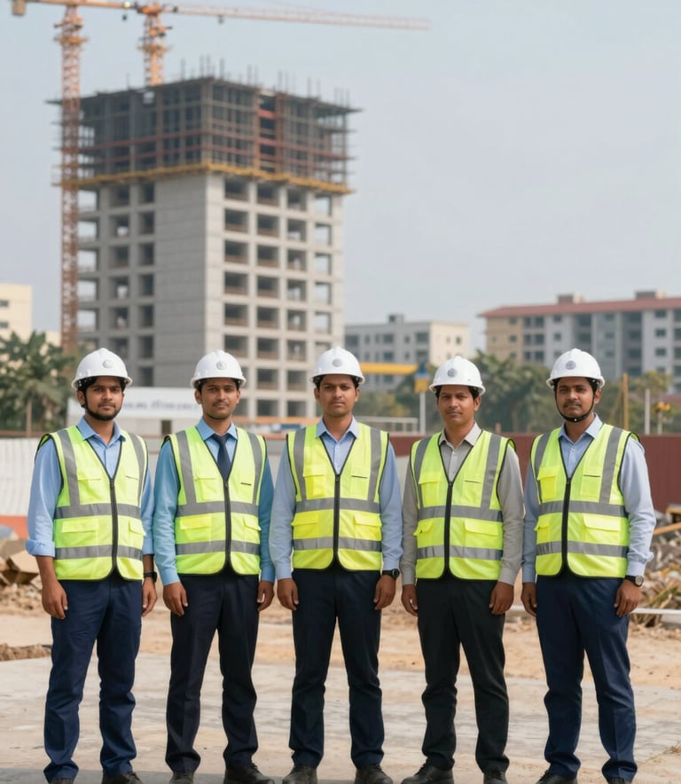 A professional wide shot of safety officers in high-visibility gear standing in front of an architectural project in the New Capital City of Amaravathi. The style is authoritative and clean, with a focus on reliability. Colors incorporate subtle hints of #7BB3A4 and #2E6E66 in the gear and environment.