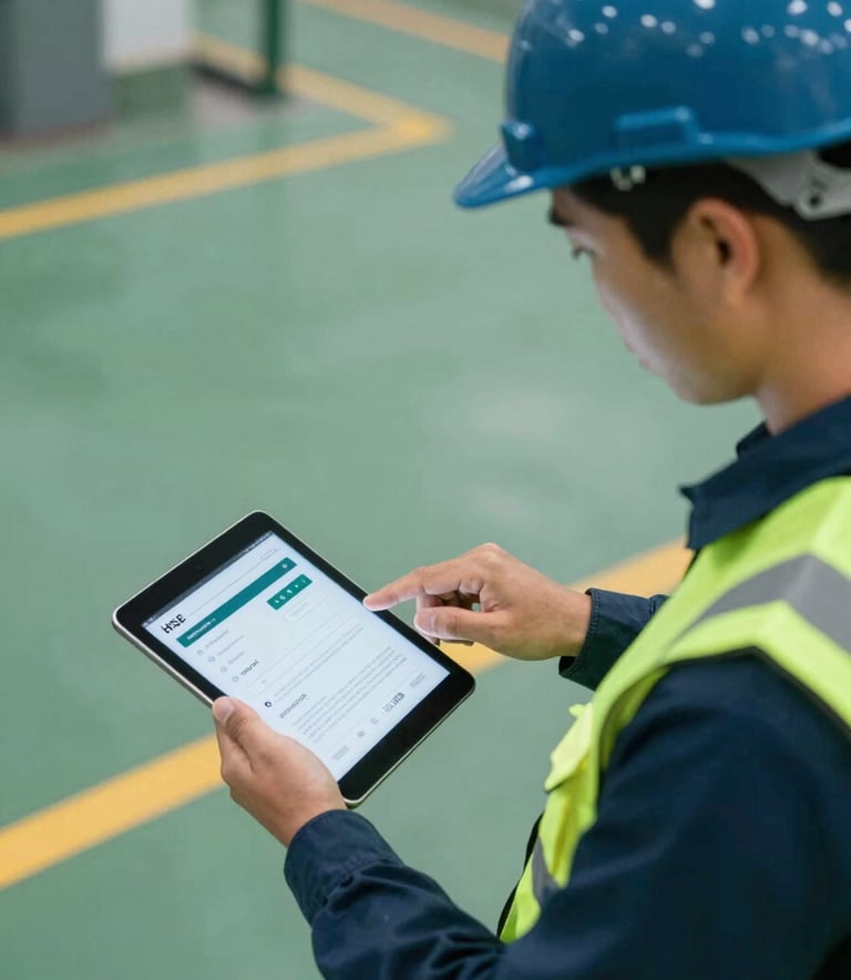 A high-angle, professional photograph of a safety expert using a digital tablet for real-time reporting on a clean industrial site. The lighting is bright and natural. The palette features deep greens and dark blues to match #2E6E66 and #0F252C, emphasizing modern HSE technology and efficiency.