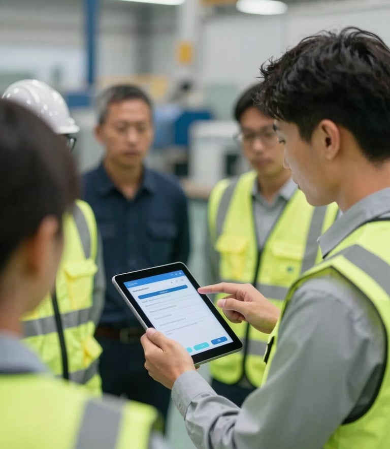 A safety consultant in a manufacturing plant demonstrating the use of a digital safety reporting tool on a tablet to a group of site managers. The atmosphere is efficient and professional.