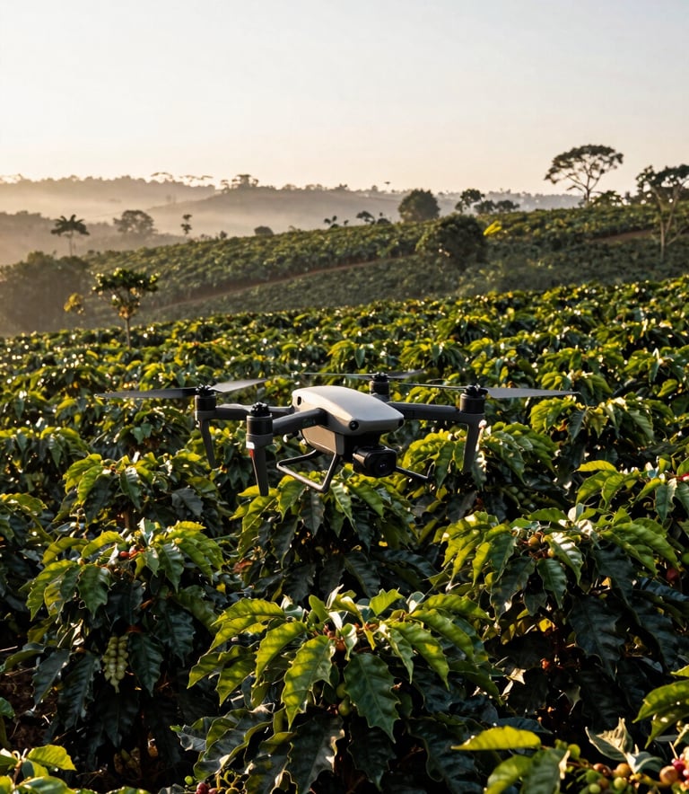 A wide-angle professional photograph of a XAG P150 drone operating over a vast coffee plantation in Araxá, Minas Gerais. The scene is captured during the golden hour, with deep forest green leaves and a clean mist white horizon.