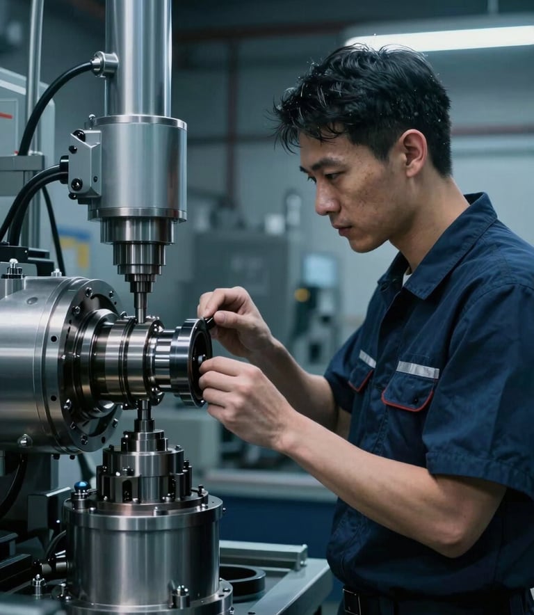 A professional engineer in a modern workshop, inspecting a complex machinery component. The lighting is dramatic and cool, with hints of muted steel blue and dark navy blue in the industrial background.