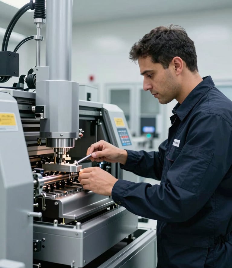 A technical expert wearing a Dark Navy uniform meticulously inspecting a high-tech industrial packaging machine in a clean, modern Dubai facility. The lighting is bright and professional, highlighting the Silver Grey metallic surfaces of the state-of-the-art equipment.