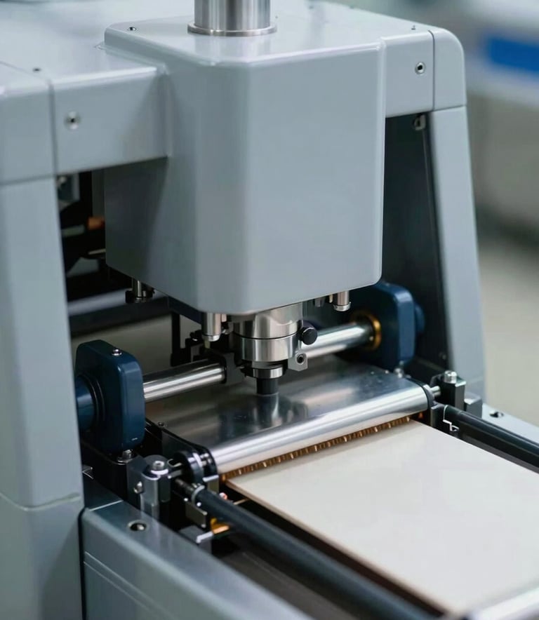 Close-up shot of a sophisticated automated food packaging machine in operation. The lighting is crisp, highlighting the polished pale silver grey surfaces and muted steel blue mechanical components.