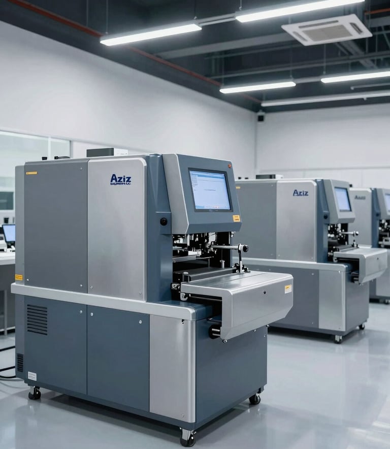 A wide-angle professional photograph of a modern industrial showroom in Dubai featuring multiple Silver Grey and Slate Blue packaging machines. The environment is pristine and reflects the innovative spirit of Aziz Equipment LLC.