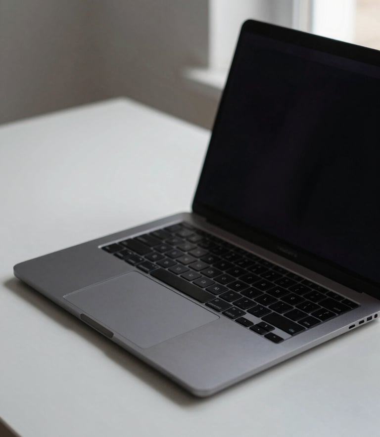 A close-up photograph of a clean, minimalist workspace. A deep charcoal laptop sits on a pale mist colored desk. Soft natural light illuminates the scene, creating a professional and focused atmosphere.