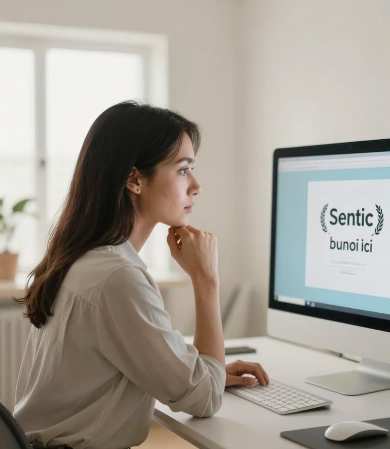 A side-profile photograph of a professional woman looking thoughtfully at a computer screen in a bright, modern studio. The room is decorated in Warm Off-White and Soft Misty Blue. The lighting is soft and natural, emphasizing a clean and focused workspace.