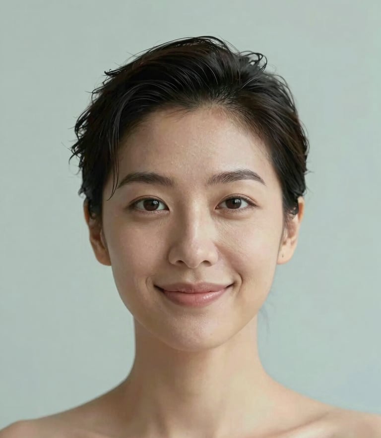 A sophisticated, high-end portrait of a person with a friendly and authentic expression. The composition is clean and minimalist, using a background of muted seafoam and pale mist.