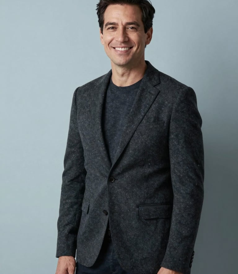 A professional portrait of a man in a Dark Charcoal blazer standing against a clean Soft Misty Blue wall. He is smiling warmly, representing a personal yet professional digital presence. The style is minimalist and high-end photography.