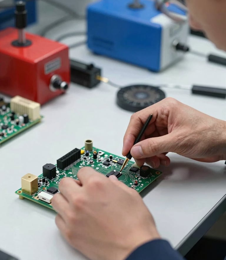 Close-up photography of a professional technician's hands delicately repairing a circuit board on a clean white workbench. The scene is set in a modern European tech workshop with soft lighting and subtle crimson red and royal blue accents in the background equipment.