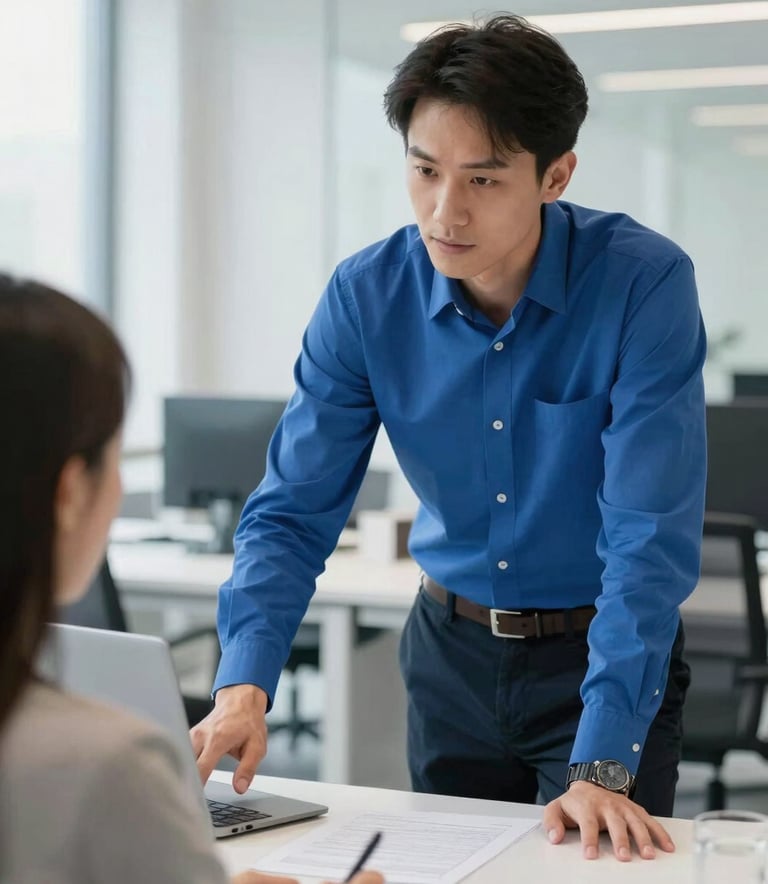 A professional IT specialist in a royal blue shirt assisting a client in a bright, modern European office. The atmosphere is professional and clean, featuring white furniture and a sense of transparency and trust.