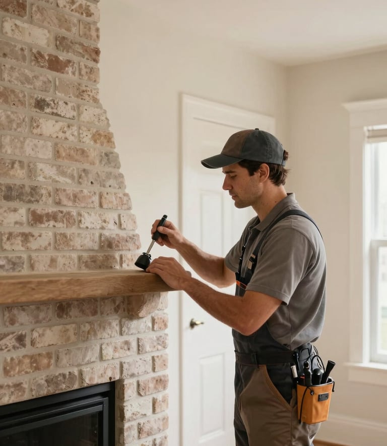 A professional chimney technician in North American / US work attire, inspecting a brick fireplace in a modern North American / US home. The room is decorated in soft cream and muted taupe. Soft natural lighting creates a warm, efficient mood.