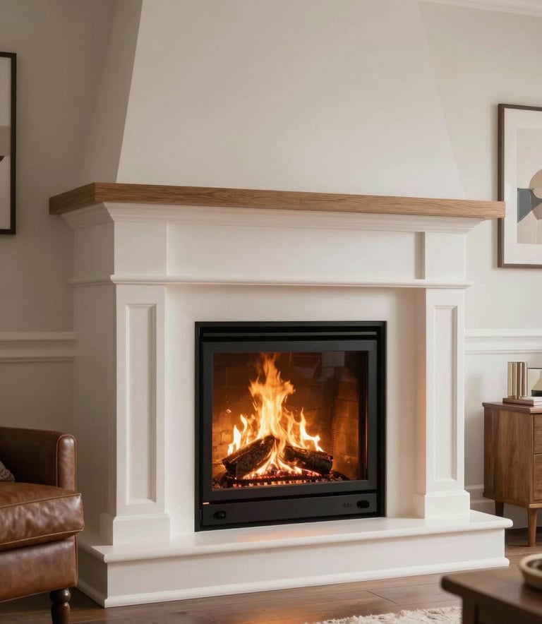 A well-maintained fireplace with a soft, glowing fire inside a modern North American / US home. The room is decorated with warm brown furniture and soft off-white textiles. The atmosphere is trustworthy and clean. Professional photography.