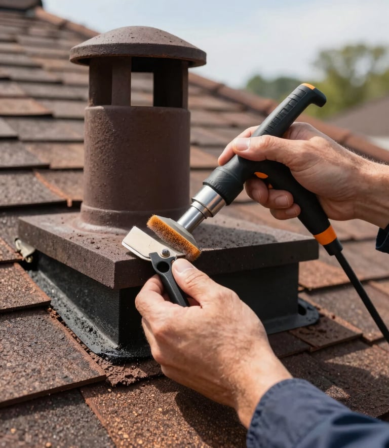 Close-up photography of a professional technician's hands using specialized cleaning tools at the top of a chimney. The setting is a North American / US residential roof under clear daylight. Accents of dark espresso and warm brown are present in the tools and roofing.