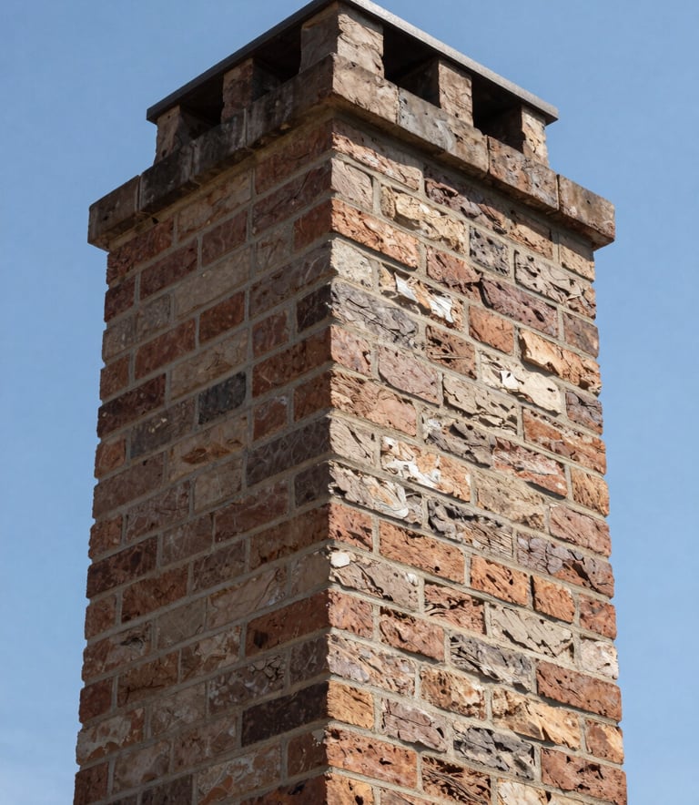 Detailed upward shot of a clean brick chimney flue, showcasing muted taupe and warm chestnut brown masonry bricks. A clear blue North American / US sky is visible through the top of the flue. Clean, professional perspective with sharp focus and natural lighting.