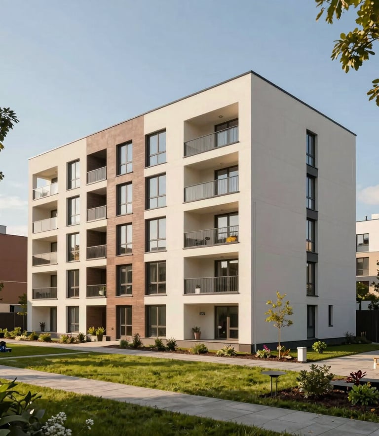 A beautiful new residential building in Poland with modern architecture and green spaces around, sunny daylight, warm cozy mood representing a dream home funded by a secure mortgage, professional architectural photography.