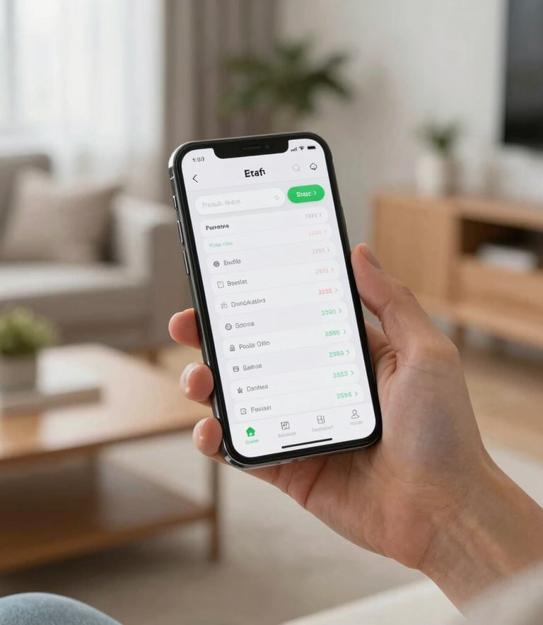 A close-up shot of hands holding a smartphone displaying a clean financial application screen in a modern Polish living room, bright clean aesthetic with natural daylight.
