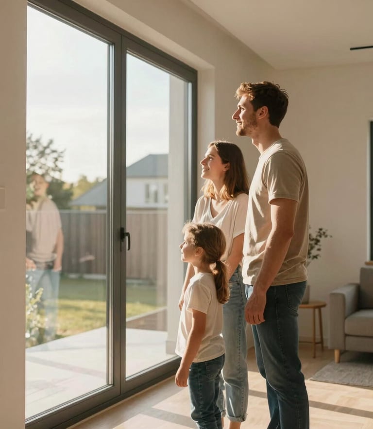 A young Central European family, a man and a woman, standing inside their newly built house in Poland, looking out of a large glass window with joyful expressions. Warm, bright afternoon sunlight fills the room, casting soft shadows. Minimalist, modern interior with soft warm tones. A high-quality professional photograph that evokes hope, success, and the fulfillment of owning a home.