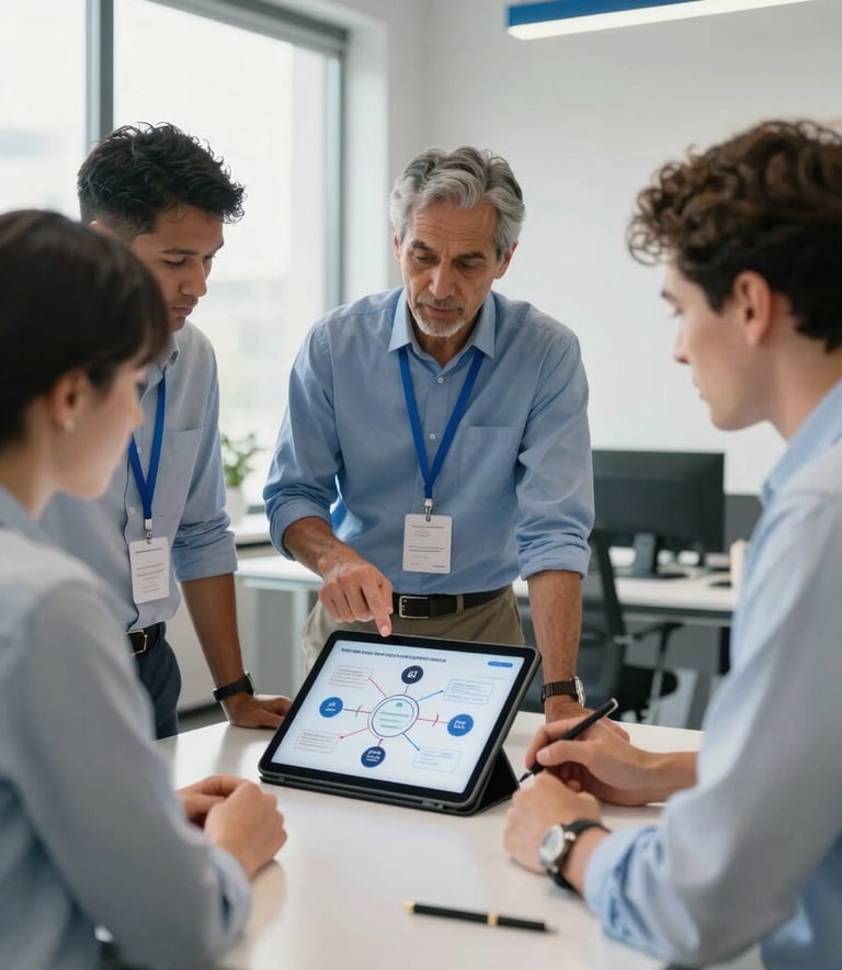 A professional collaborative scene showing experts from public and private sectors discussing a strategic roadmap over a digital tablet in a bright, off-white office space with steel blue decor.