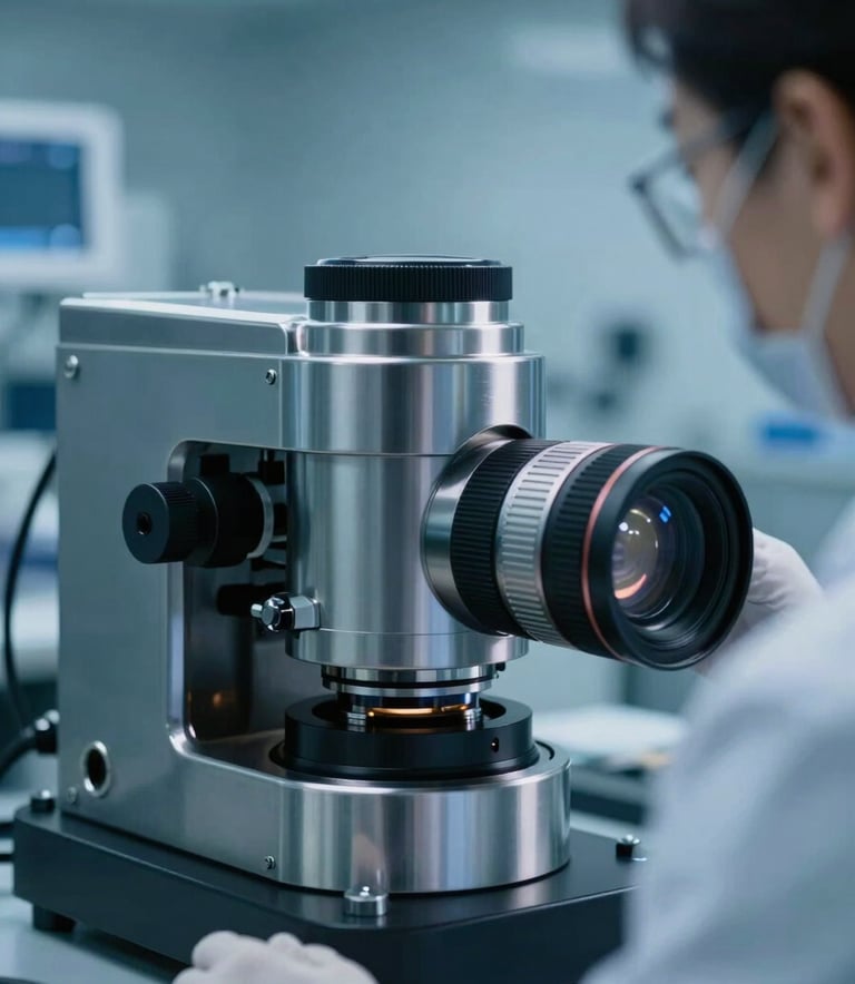 A close-up photograph of a sleek, modern industrial prototype being inspected by a professional in a laboratory setting. The scene is lit with cool soft blue light, with steel blue and dark navy tones reflecting off metallic surfaces.