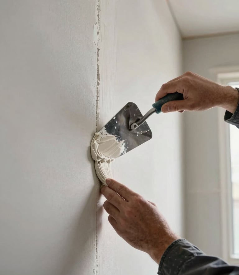 Detailed photography of a professional worker's hands using a trowel to apply drywall compound to a seam in a North American residential interior. The lighting is bright and clean, highlighting the smooth texture. Hints of grey and off-white dominate the color palette.