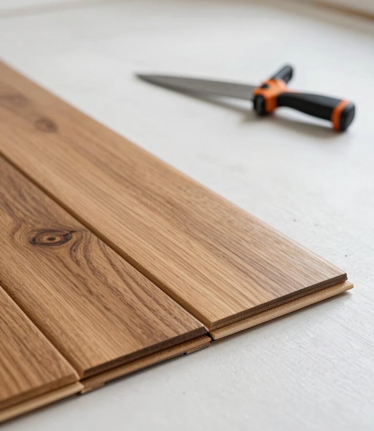 Close-up of a professional flooring installation in a North American residential home, featuring high-quality hardwood planks and precision tools on a clean white floor, bright natural lighting, minimalist aesthetic.